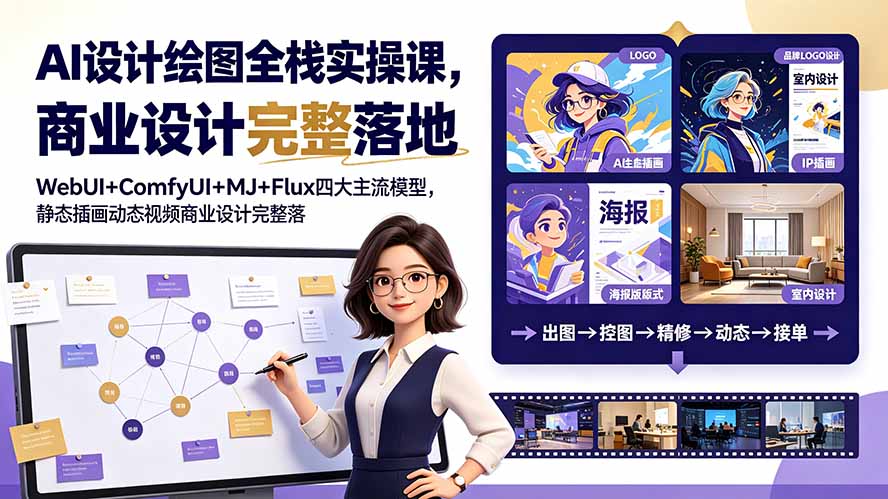 AI设计绘图全栈实操课，WebUI+ComfyUI+MJ+Flux四大主流模型，静态插画动态视频商业设计完整落地教程-悟思笔记，一个低调的学习营。