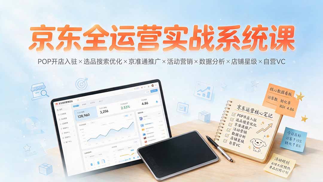 京东全运营实战系统课：POP开店入驻×选品搜索优化×京准通推广×活动营销×数据分析×店铺星级×自营VC-悟思笔记，一个低调的学习营。
