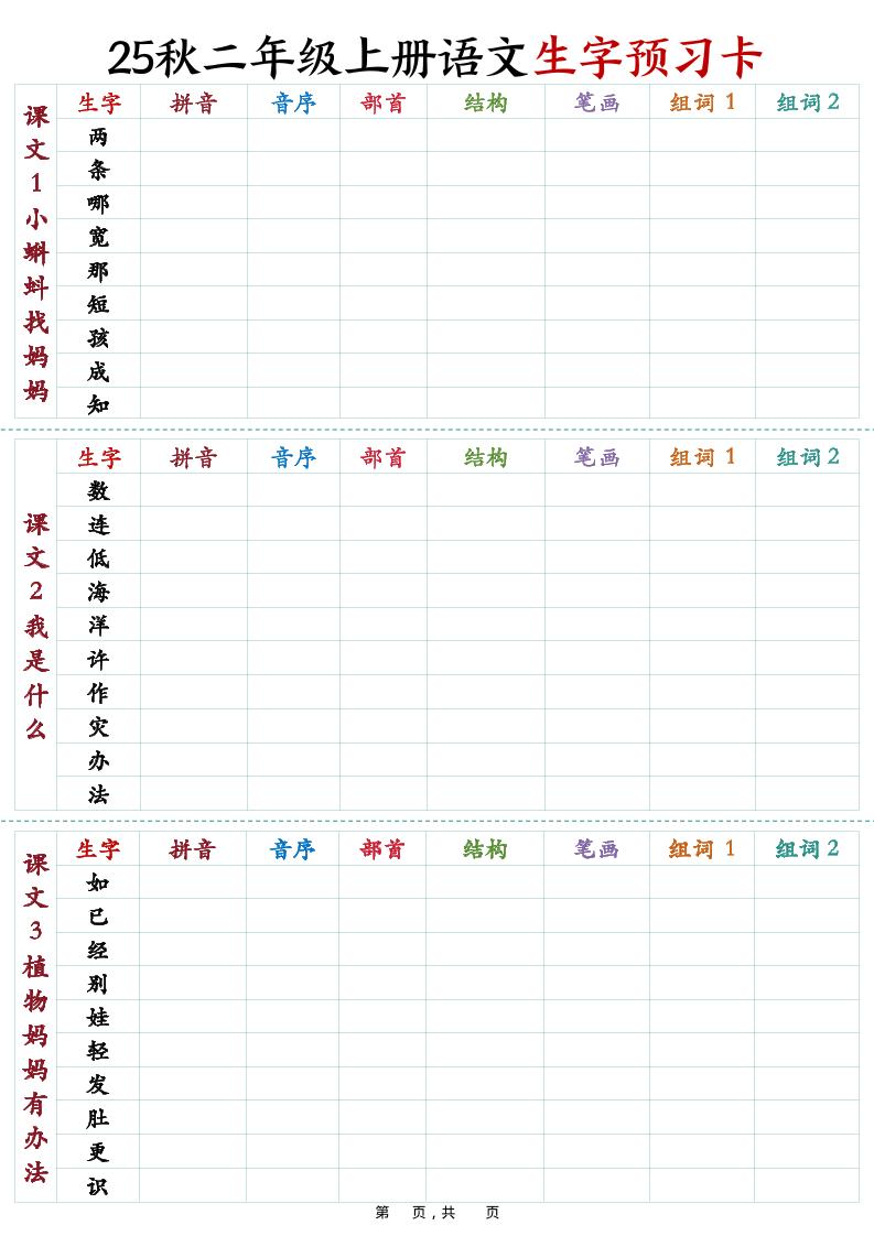 25秋新二上语文生字预习卡（11页）-悟思笔记，一个低调的学习营。