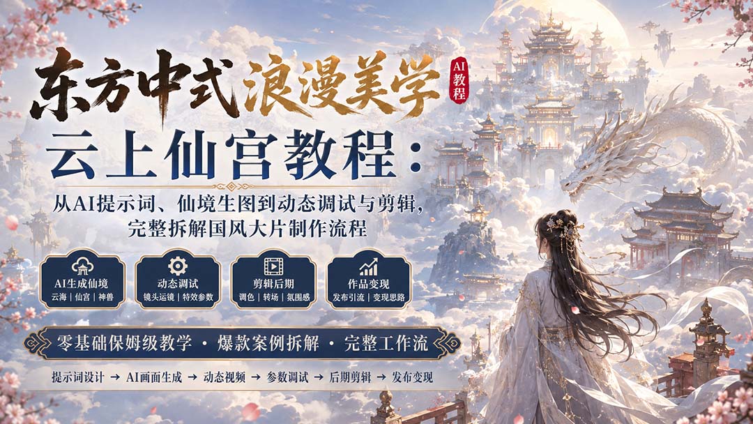 东方中式浪漫美学云上仙宫教程：从AI提示词、仙境生图到动态调试与剪辑，完整拆解国风大片制作流程-悟思笔记，一个低调的学习营。