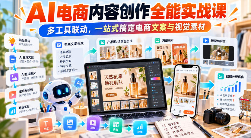 【无水印】AI电商内容创作全能实战课｜多工具联动，一站式搞定电商文案与视觉素材-悟思笔记，一个低调的学习营。