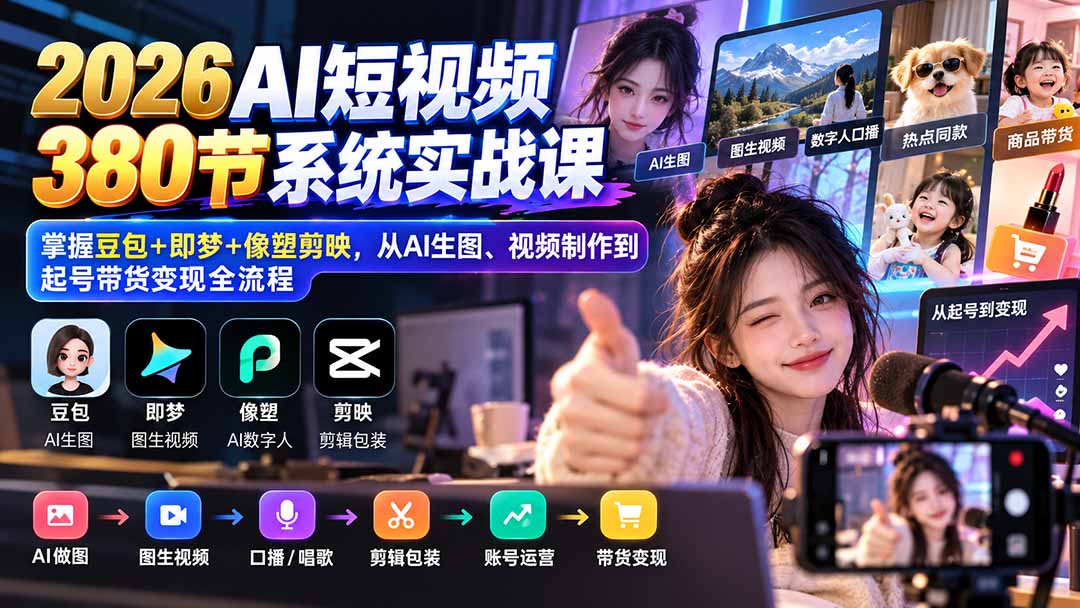 【无水印】2026AI短视频380节系统实战课：掌握豆包+即梦+像塑剪映，从AI生图、视频制作到起号带货变现全流程-悟思笔记，一个低调的学习营。