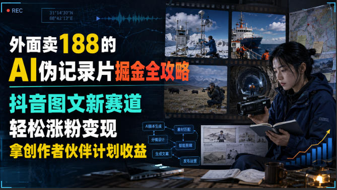 外面卖188的AI伪记录片掘金全攻略，抖音图文新赛道，轻松涨粉变现，拿创作者伙伴计划收益【文档】-悟思笔记，一个低调的学习营。