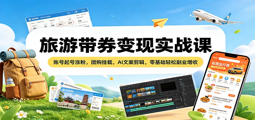 旅游带券变现实战课：账号起号涨粉，团购挂载，AI文案剪辑，零基础轻松副业增收-悟思笔记，一个低调的学习营。