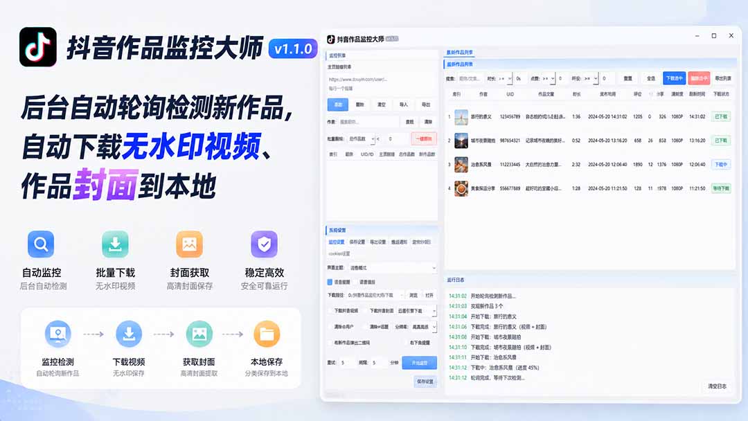 抖音作品监控大师v1.1.0：后台自动轮询检测新作品，自动下载无水印视频、作品封面到本地-悟思笔记，一个低调的学习营。