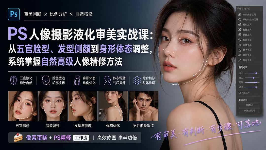 PS人像摄影液化审美实战课：从五官脸型、发型侧颜到身形体态调整，系统掌握自然高级人像精修方法-悟思笔记，一个低调的学习营。