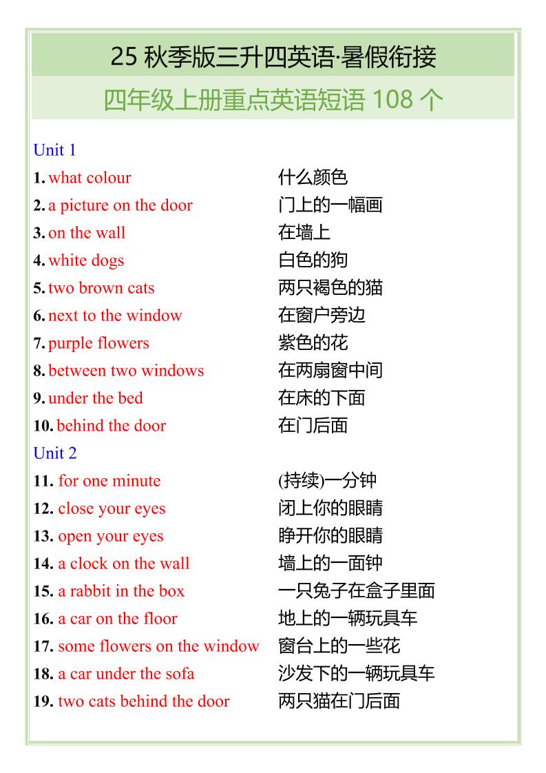 【2025秋新版】四年级上册重点英语短语汇总-悟思笔记，一个低调的学习营。