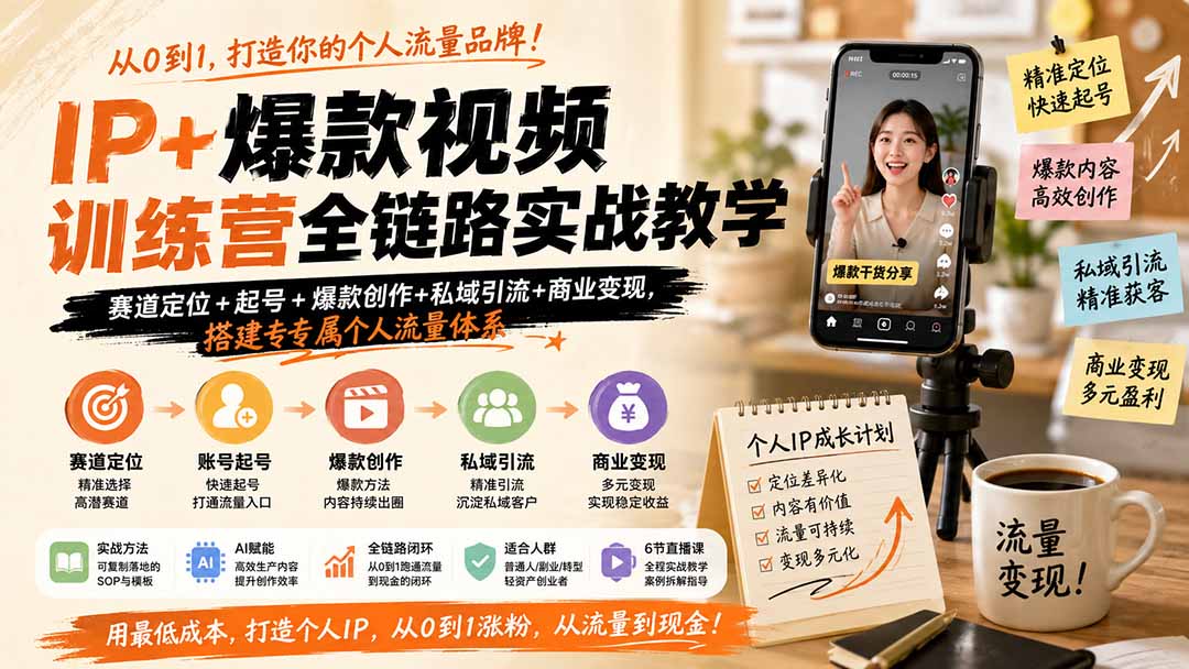 IP+爆款视频训练营全链路实战教学；赛道定位+起号+爆款创作+私域引流+商业变现，搭建专属个人流量体系-悟思笔记，一个低调的学习营。
