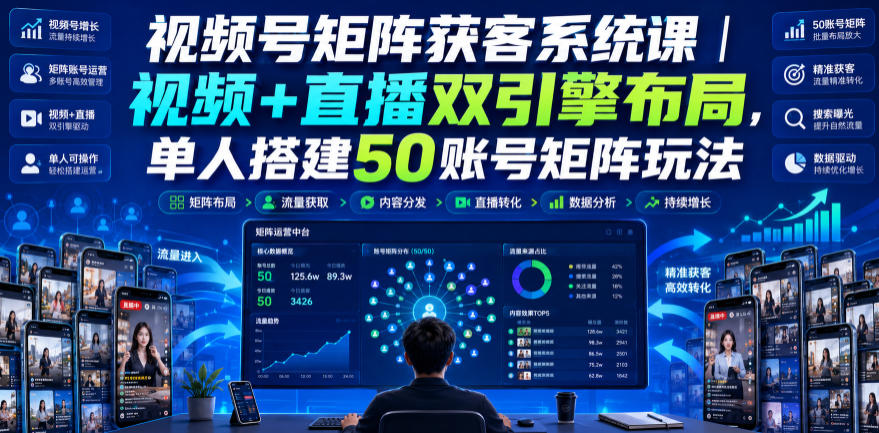 视频号矩阵获客系统课｜视频+直播双引擎布局，单人搭建50账号矩阵玩法，流量入池、搜索占位、全域引流沉淀私域全流程教学-悟思笔记，一个低调的学习营。