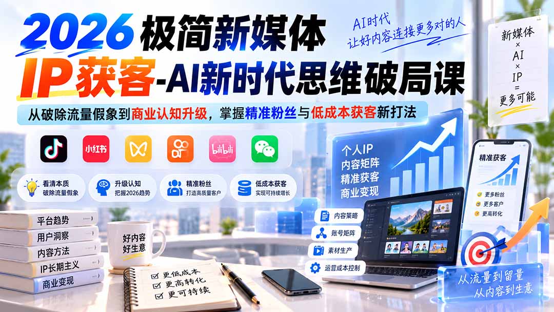 2026极简新媒体IP获客-AI新时代思维破局课：从破除流量假象到商业认知升级，掌握精准粉丝与低成本获客新打法-悟思笔记，一个低调的学习营。