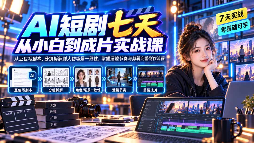 AI短剧七天从小白到成片实战课：从豆包写剧本、分镜拆解到人物场景一致性，掌握运镜节奏与剪辑完整制作流程-悟思笔记，一个低调的学习营。