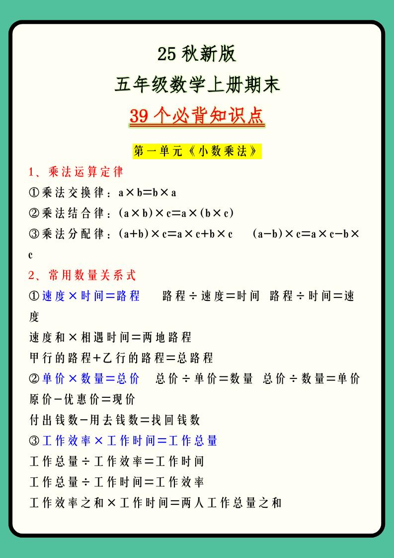 【2025秋新版】五年级数学上册期末39个必背知识点-悟思笔记，一个低调的学习营。
