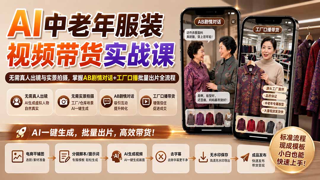 AI中老年服装视频带货实战课：无需真人出镜与实景拍摄，掌握AB剧情对话+工厂口播批量出片全流程-悟思笔记，一个低调的学习营。
