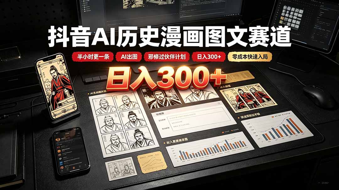 抖音AI历史漫画图文赛道：半小时更一条×AI出图×邪修过伙伴计划×日入300+，零成本快速入局-悟思笔记，一个低调的学习营。
