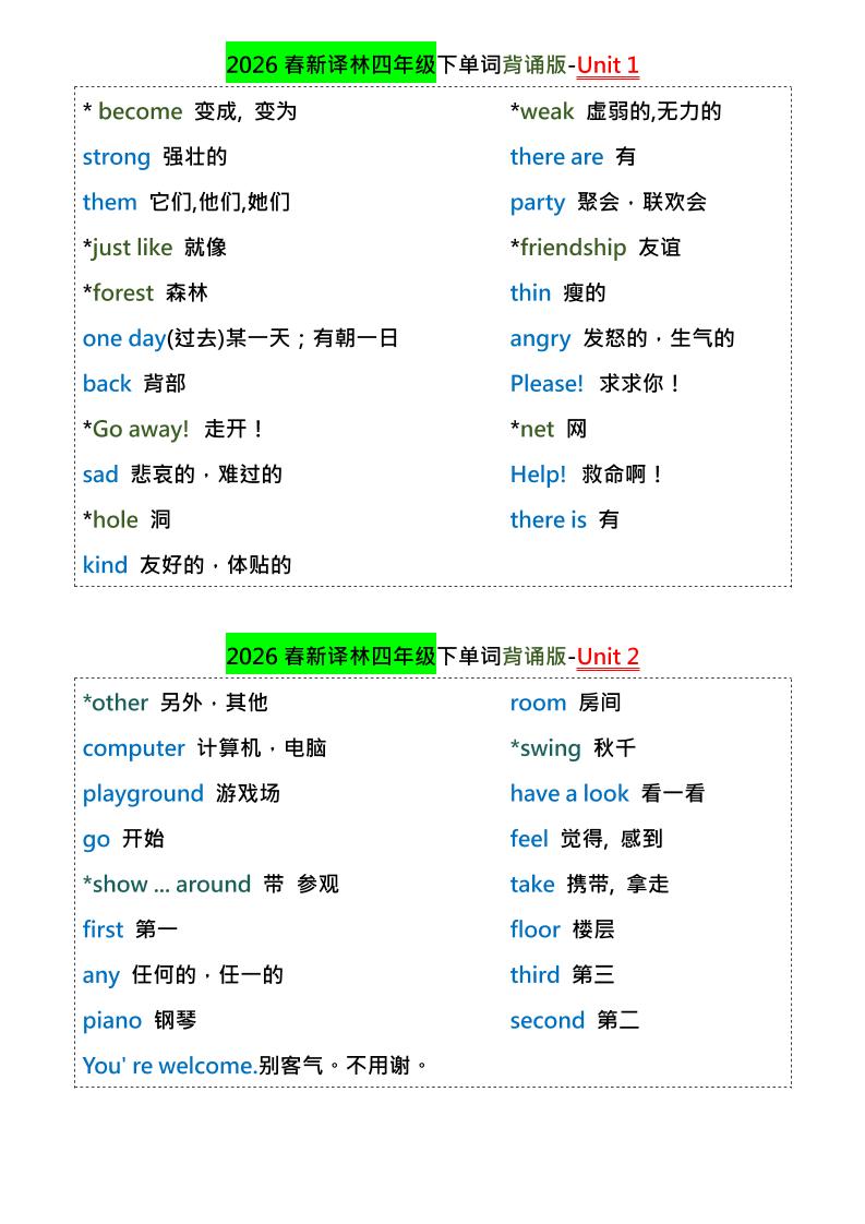 四年级下英语1-8单元单词背诵专项《译林版》-悟思笔记，一个低调的学习营。