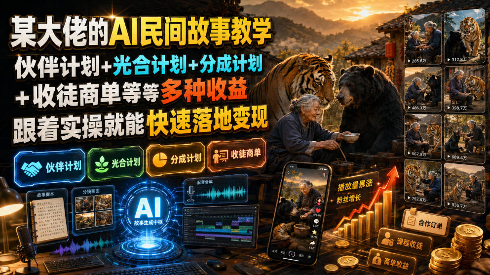 某大佬的AI民间故事教学，伙伴计划+光合计划+分成计划+收徒商单等多种收益，跟着实操就能快速落地变现-悟思笔记，一个低调的学习营。