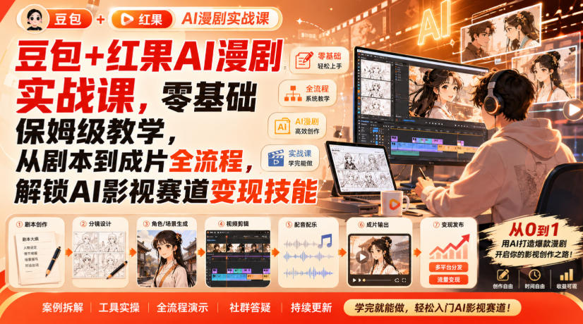 豆包+红果AI漫剧实战课，零基础保姆级教学，从剧本到成片全流程，解锁AI影视赛道变现技能-悟思笔记，一个低调的学习营。