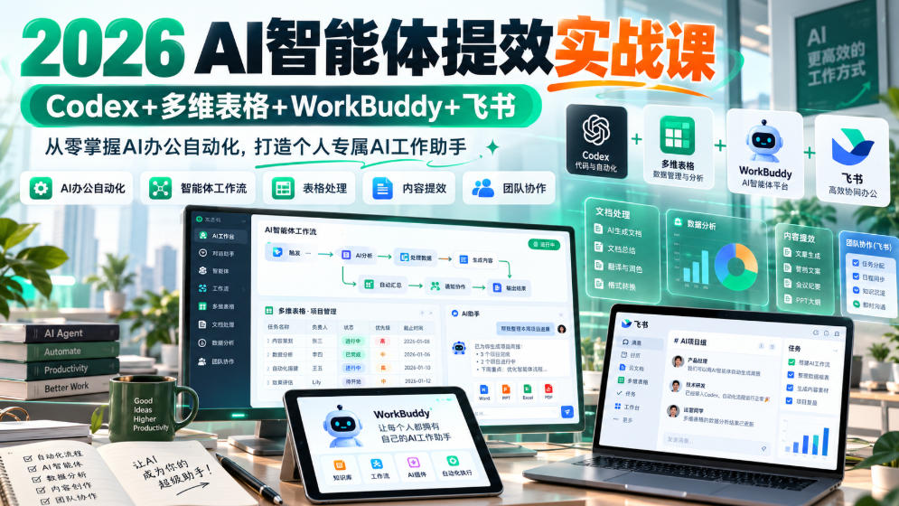 2026 AI智能体提效实战课：Codex+多维表格+WorkBuddy+飞书，从零掌握AI办公自动化，打造个人专属AI工作助手-悟思笔记，一个低调的学习营。