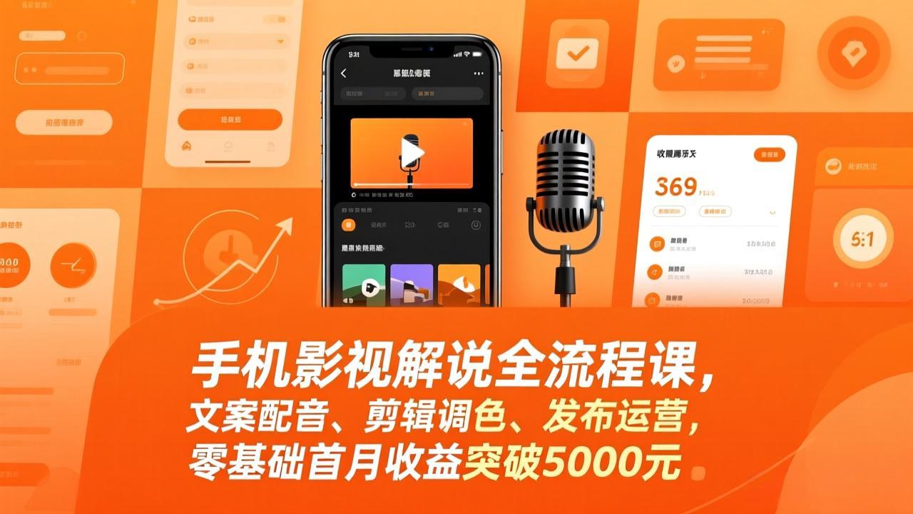 手机影视解说全流程课，文案配音、剪辑调色、发布运营，零基础首月收益突破5000元-悟思笔记，一个低调的学习营。