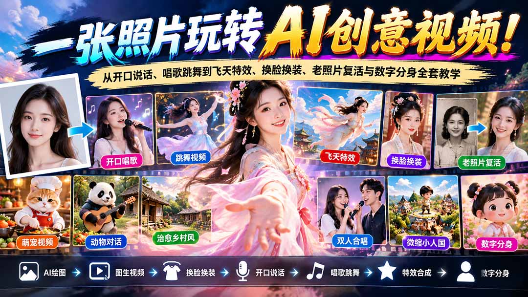 一张照片玩转AI创意视频！从开口说话、唱歌跳舞到飞天特效、换脸换装、老照片复活与数字分身全套教学-悟思笔记，一个低调的学习营。