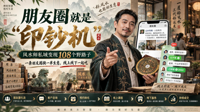 朋友圈就是“印钞机”，风水师私域变现108个野路子，一条朋友圈换一单生意，线上线下一起吃【文档】-悟思笔记，一个低调的学习营。