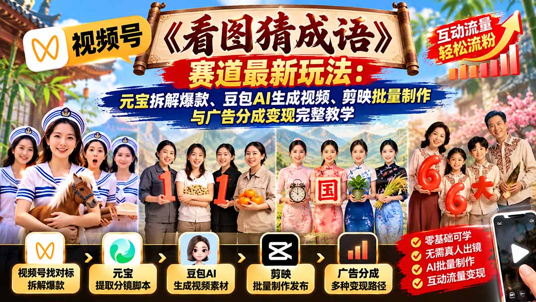 视频号《看图猜成语》赛道最新玩法：元宝拆解爆款、豆包AI生成视频、剪映批量制作与广告分成变现完整教学-悟思笔记，一个低调的学习营。