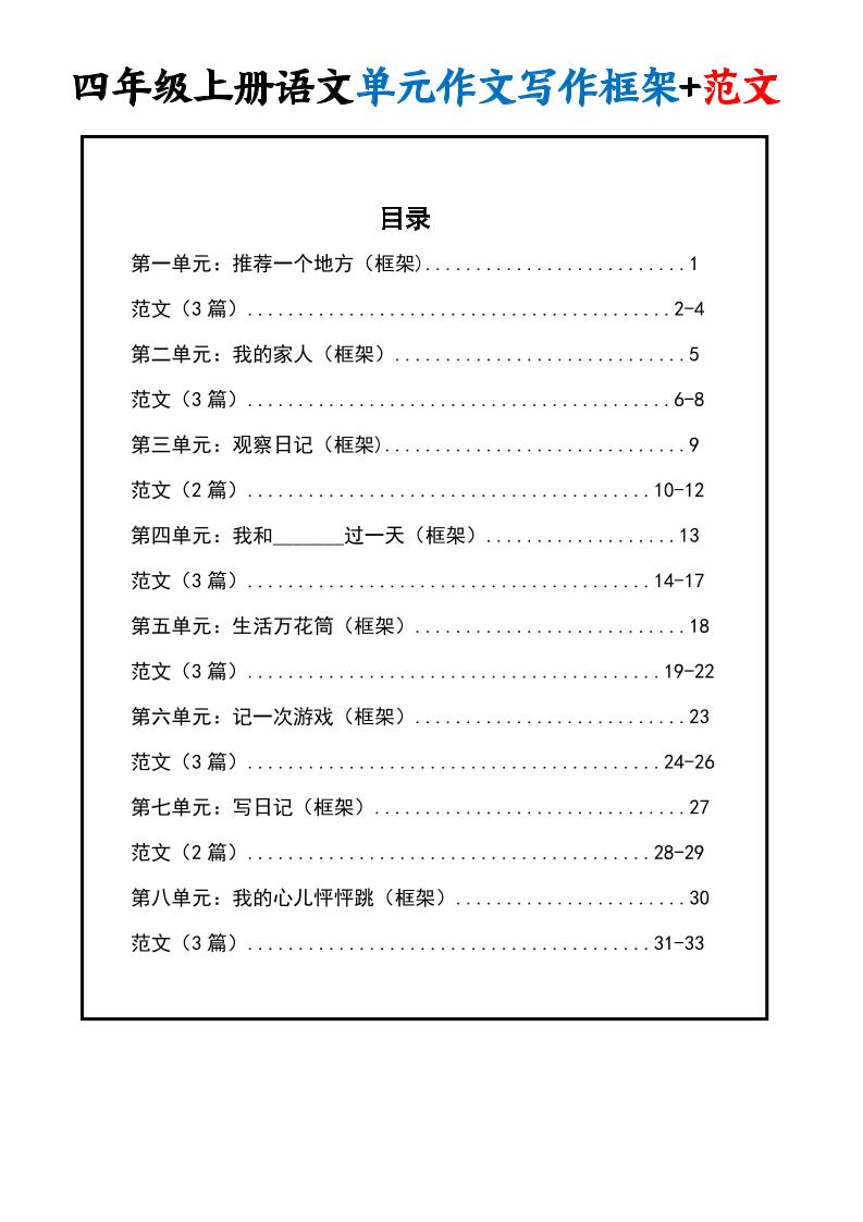 四上语文1-8单元作文写作框架+范文34页-悟思笔记，一个低调的学习营。