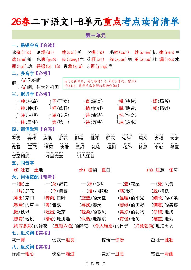 二年级下语文1-8单元重点考点读背清单-悟思笔记，一个低调的学习营。