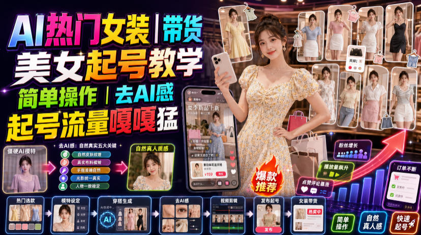 AI热门女装带货丨美女起号教学，简单操作，去AI感，起号流量嘎嘎猛-悟思笔记，一个低调的学习营。