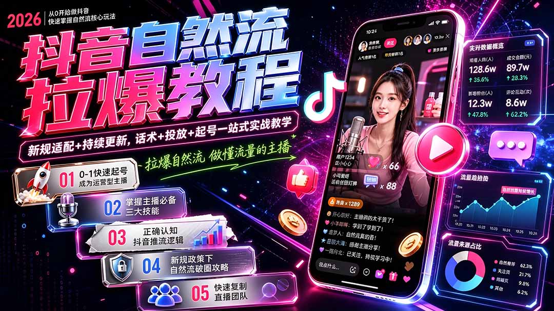 抖音自然流拉爆教程-更新1002：做懂流量的主播，新规适配+持续更新，话术+投放+起号一站式实战教学-悟思笔记，一个低调的学习营。