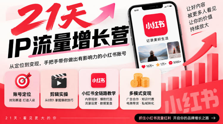 21天IP流量增长营，小红书全链路教学，账号定位剪辑实操，多模式变现系统课-悟思笔记，一个低调的学习营。