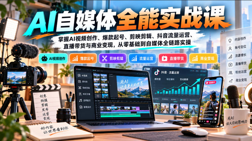 【无水印】AI自媒体全能实战课，掌握AI视频创作、爆款起号、剪映剪辑、抖音流量运营、直播带货与商业变现，从零基础到自媒体全链路实操-悟思笔记，一个低调的学习营。