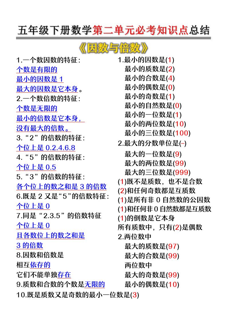 五年级下数学第二单元必考知识点总结-悟思笔记，一个低调的学习营。