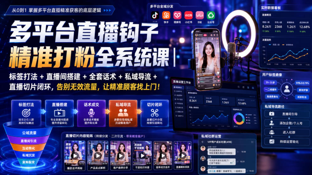 多平台直播钩子精准打粉全系统课｜标签打法+直播间搭建+全套话术+私域导流+直播切片闭环，告别无效流量，让精准顾客找上门！-悟思笔记，一个低调的学习营。