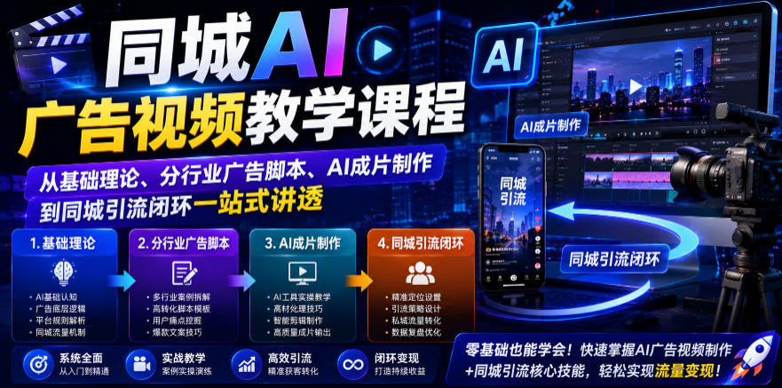 同城AI广告视频教学课程，从基础理论、分行业广告脚本、AI成片制作到同城引流闭环一站式讲透-悟思笔记，一个低调的学习营。