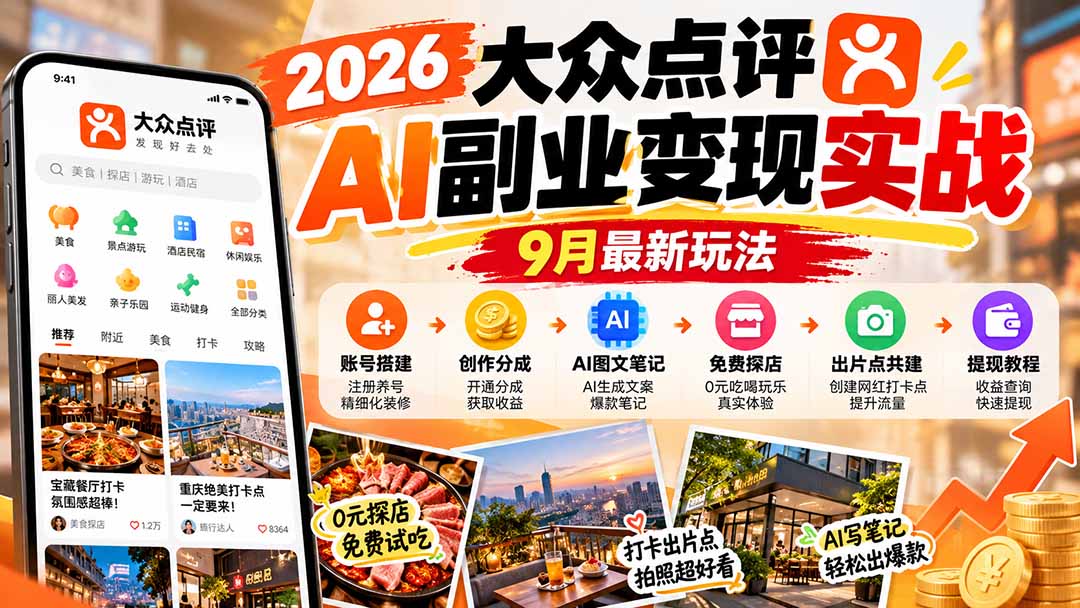 2026大众点评AI副业变现实战9月最新玩法：账号搭建+创作分成+AI图文笔记+免费探店+出片点共建与提现教程-悟思笔记，一个低调的学习营。