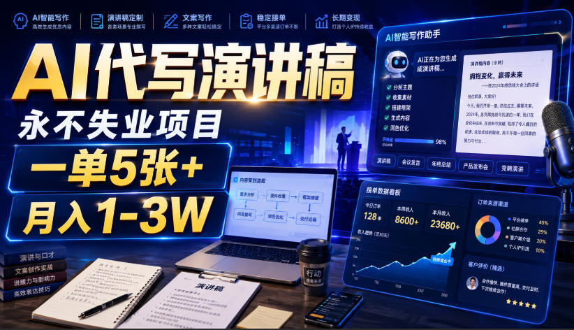 AI代写演讲稿，永不失业项目，一单5张+，月入1-3W【揭秘】-悟思笔记，一个低调的学习营。