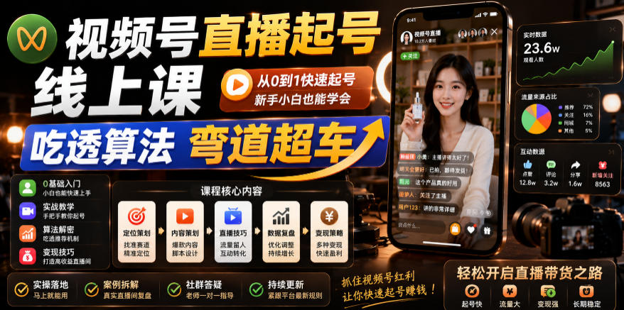 视频号直播起号线上课，吃透算法弯道超车(2026年6月)-悟思笔记，一个低调的学习营。