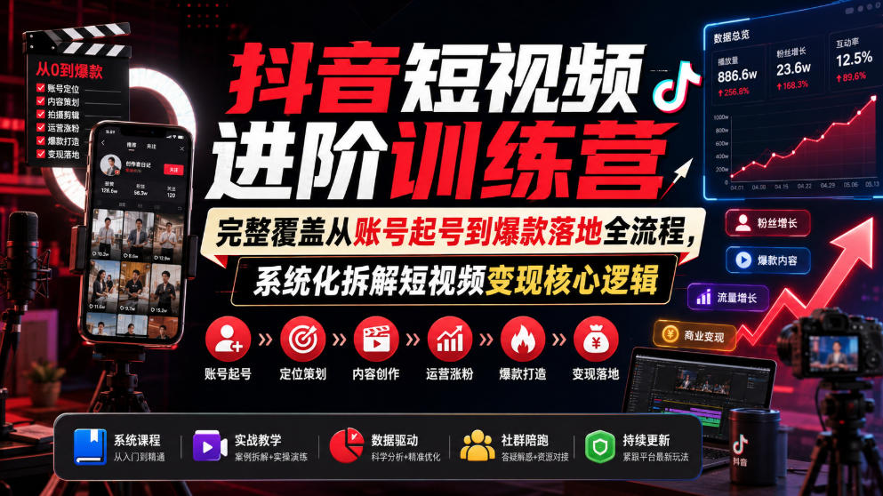 抖音短视频进阶训练营，完整覆盖从账号起号到爆款落地全流程，系统化拆解短视频变现核心逻辑-悟思笔记，一个低调的学习营。