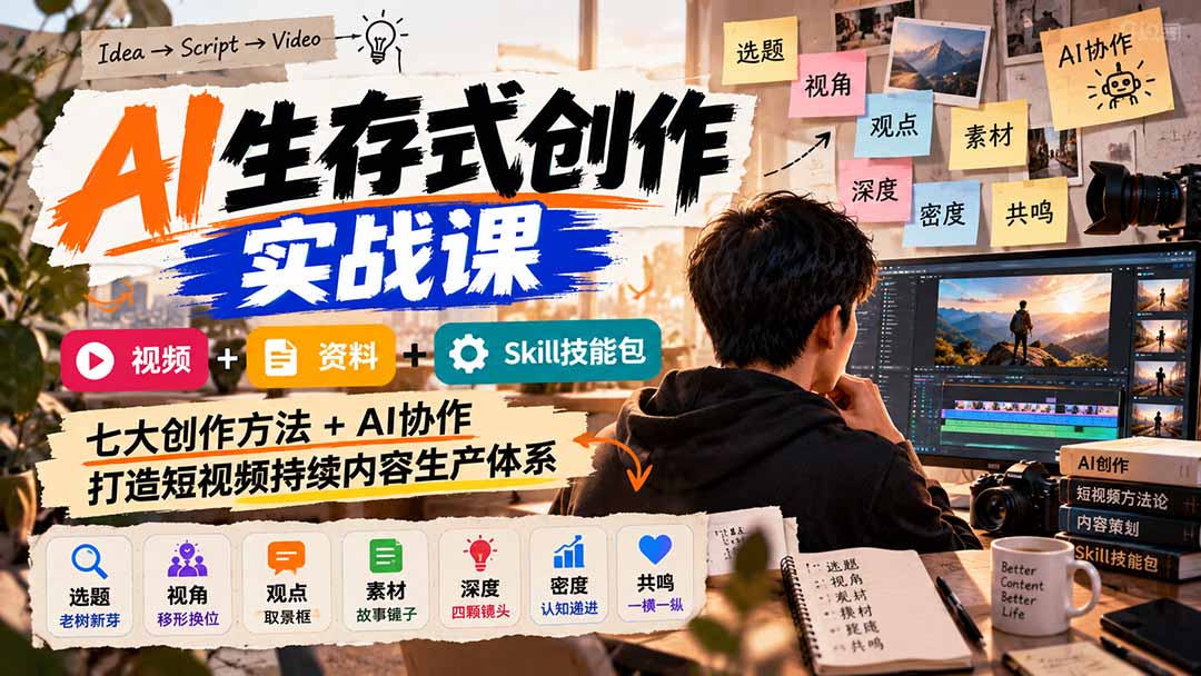 AI生存式创作实战课：视频+资料+Skill技能包，七大创作方法+AI协作，打造短视频持续内容生产体系-悟思笔记，一个低调的学习营。