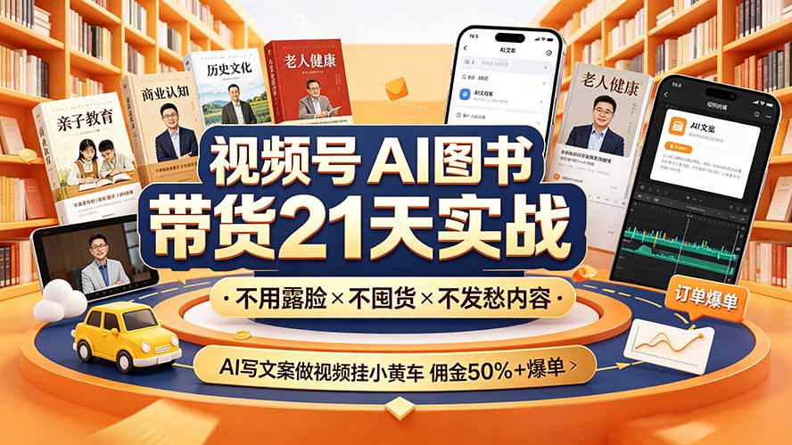 视频号AI图书带货21天实战：不用露脸×不囤货×不发愁内容，AI写文案做视频挂小黄车，佣金50%+爆单-悟思笔记，一个低调的学习营。