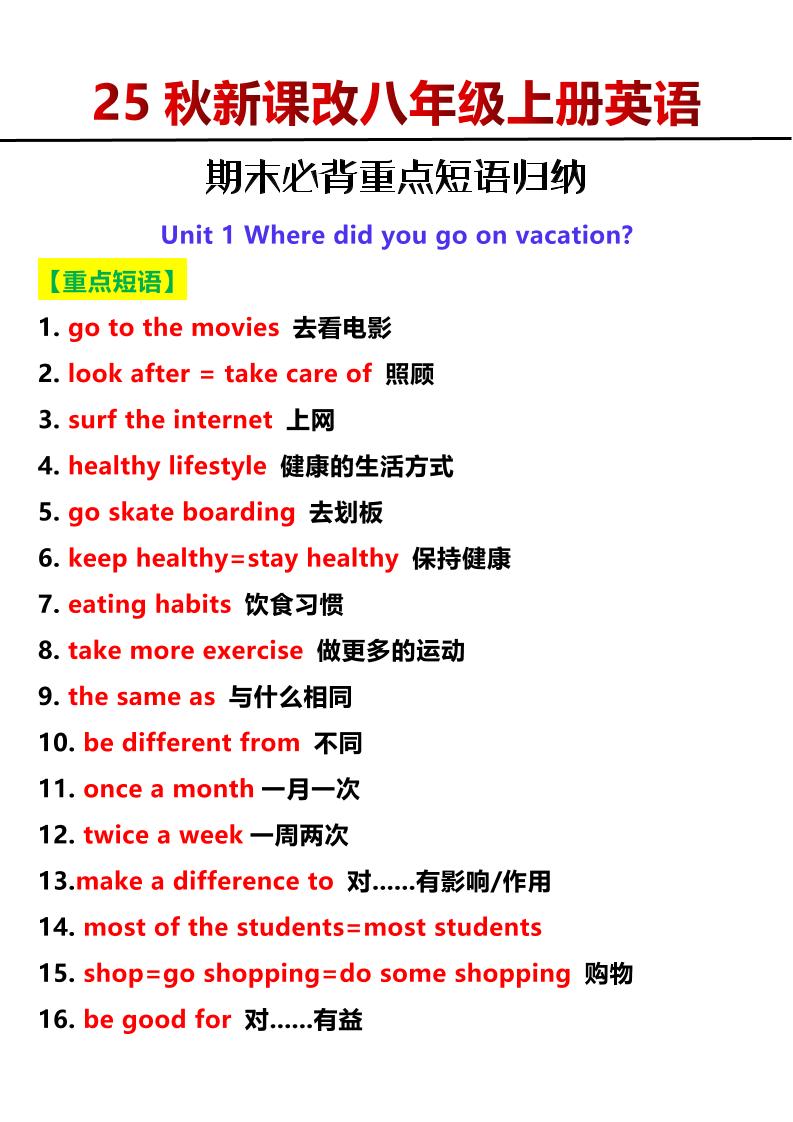 【2025秋新版】八年级上册英语期末必背重点短语归纳-悟思笔记，一个低调的学习营。