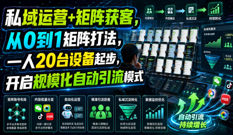 私域运营+矩阵获客，从0到1矩阵打法，一人20台设备起步，开启规模化自动引流模式！-悟思笔记，一个低调的学习营。