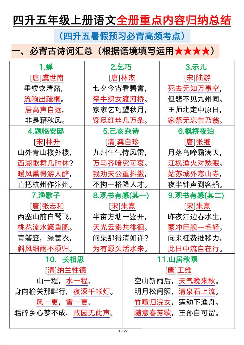 四升五年级上册语文全册重点内容归纳总结输出27页-五上语文-悟思笔记，一个低调的学习营。