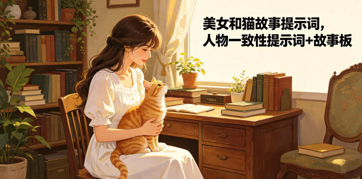 美女和猫故事提示词，人物一致性提示词+故事板-悟思笔记，一个低调的学习营。