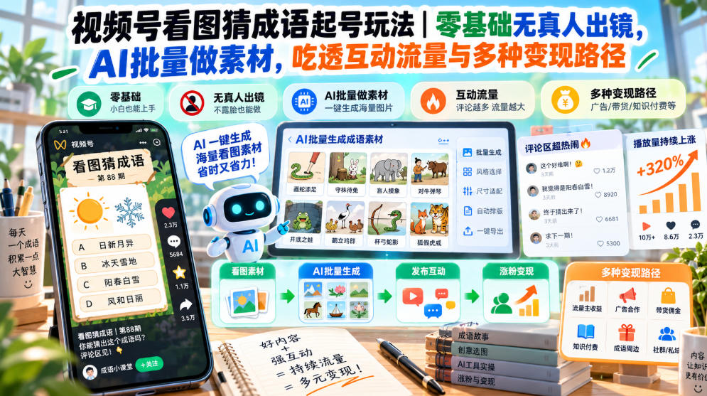 视频号看图猜成语起号玩法｜零基础无真人出镜，AI批量做素材，吃透互动流量与多种变现路径-悟思笔记，一个低调的学习营。