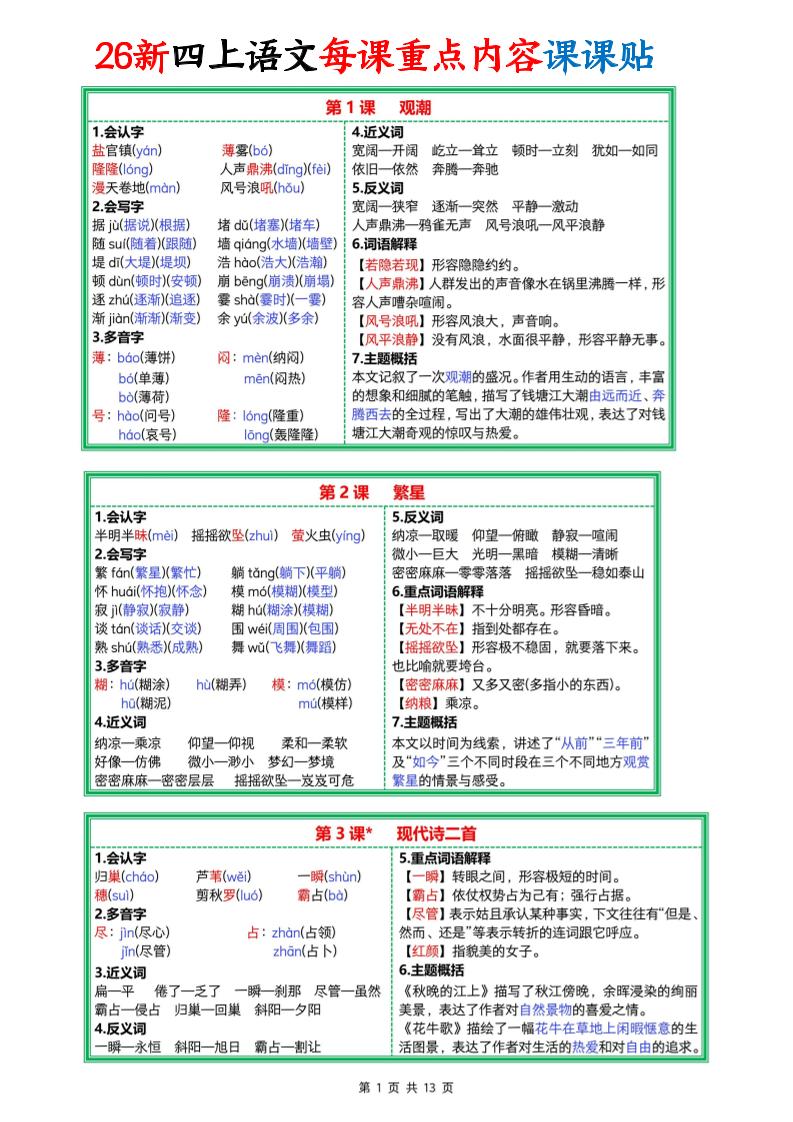 26新四上语文每课重点内容课课贴13页-悟思笔记，一个低调的学习营。