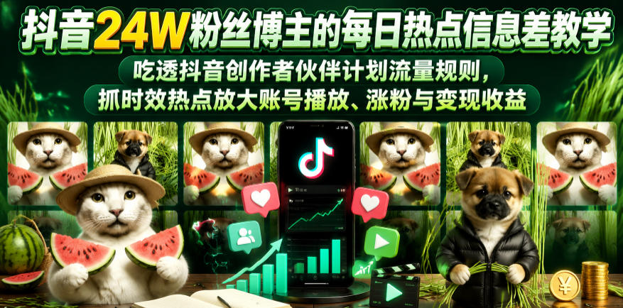 抖音24W粉丝博主的每日热点信息差教学，吃透创作者伙伴计划流量规则，抓时效热点放大账号播放、涨粉与变现收益(更新)-悟思笔记，一个低调的学习营。