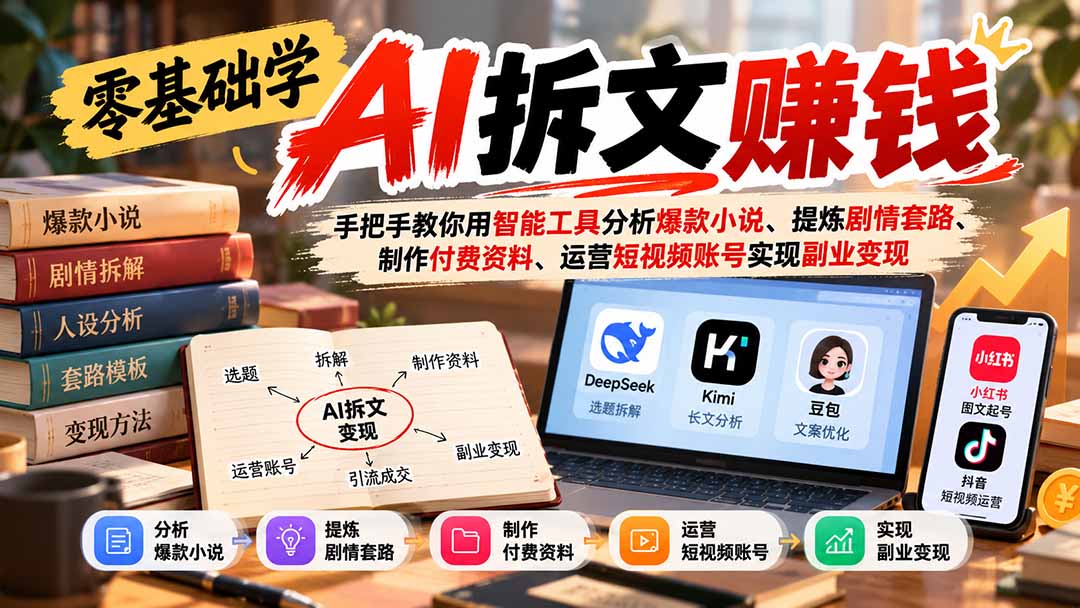 零基础学AI拆文赚钱：手把手教你用智能工具分析爆款小说、提炼剧情套路、制作付费资料、运营短视频账号实现副业变现-悟思笔记，一个低调的学习营。
