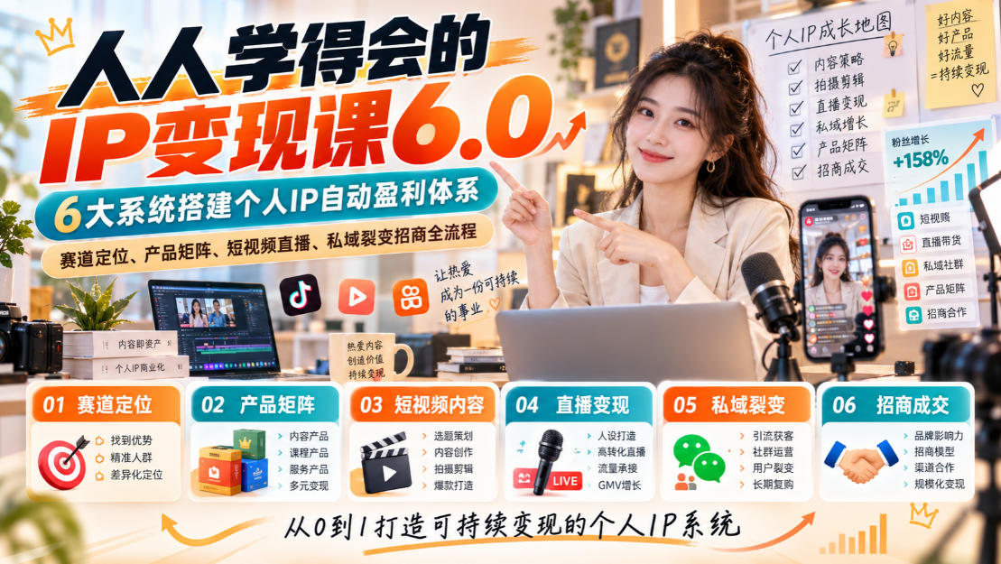 人人学得会的IP变现课6.0，6大系统搭建个人IP自动盈利体系，赛道定位、产品矩阵、短视频直播、私域裂变招商全流程-悟思笔记，一个低调的学习营。